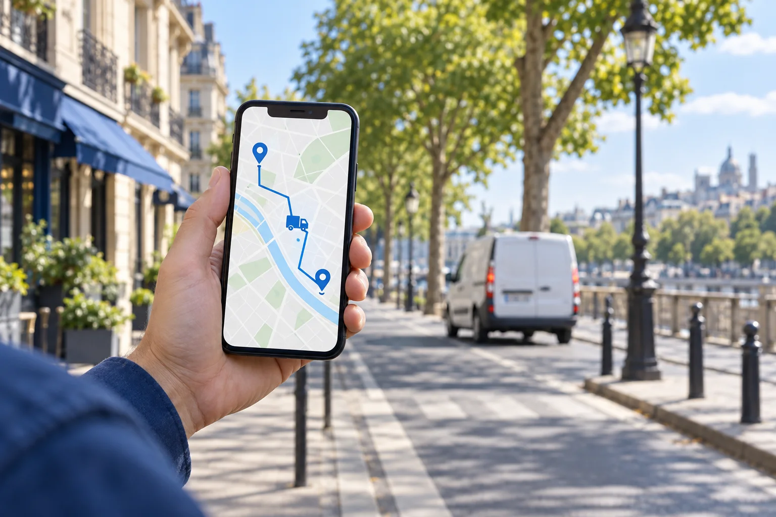 Illustration du suivi : une main tient un téléphone avec un trajet sur une carte.